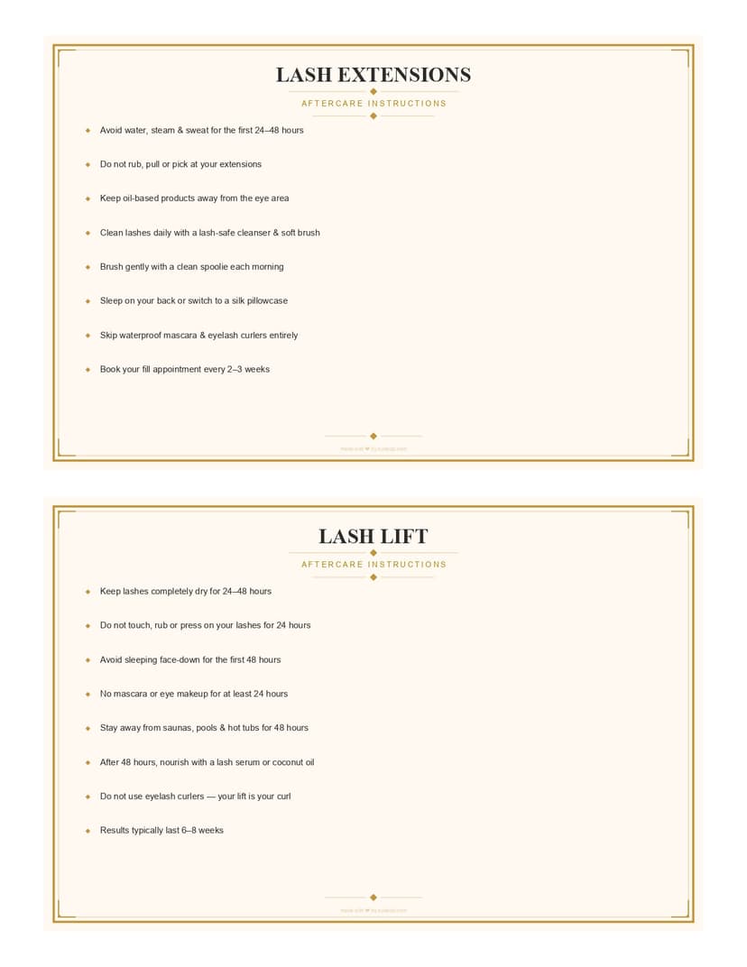 Cream & Gold Free Lash Aftercare Cards (Printable PDFs) preview, printable PDF