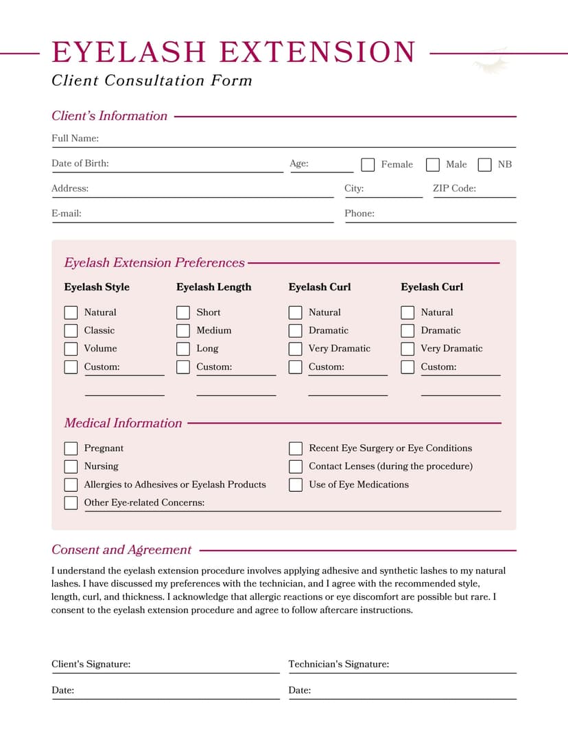 Design 02 Free Lash Client Record Form (Printable PDF) preview, printable PDF