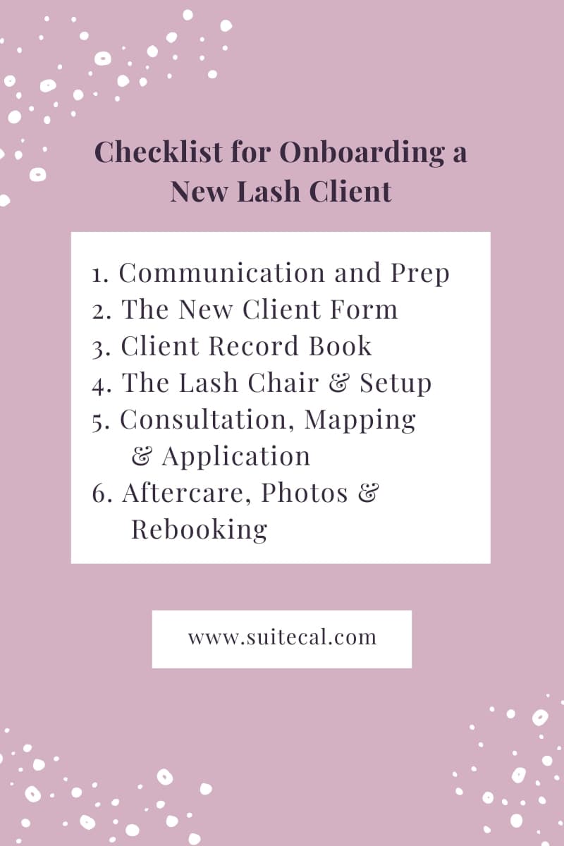 Essential steps included in onboarding a new lash client, curated by SuiteCal