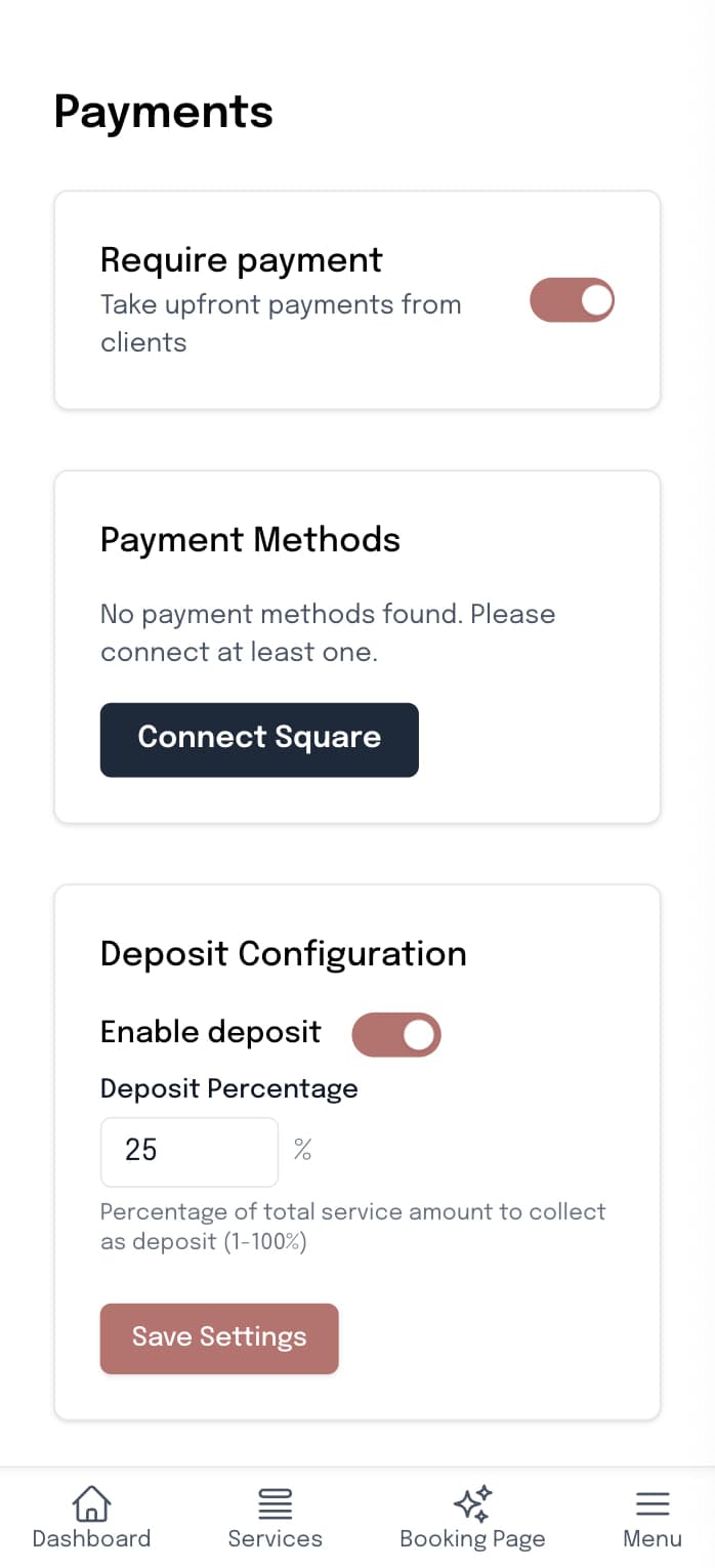 SuiteCal payment settings with Square integration and deposit configuration