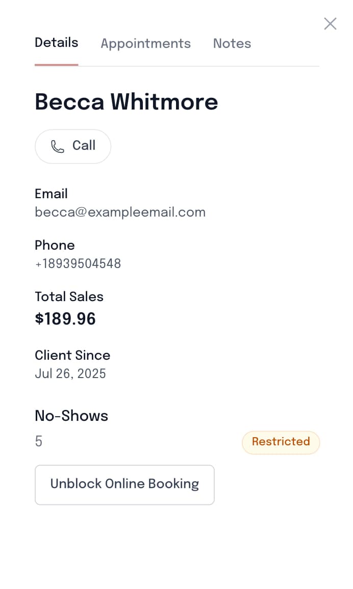 Client history detail view showing no-show tracking in SuiteCal