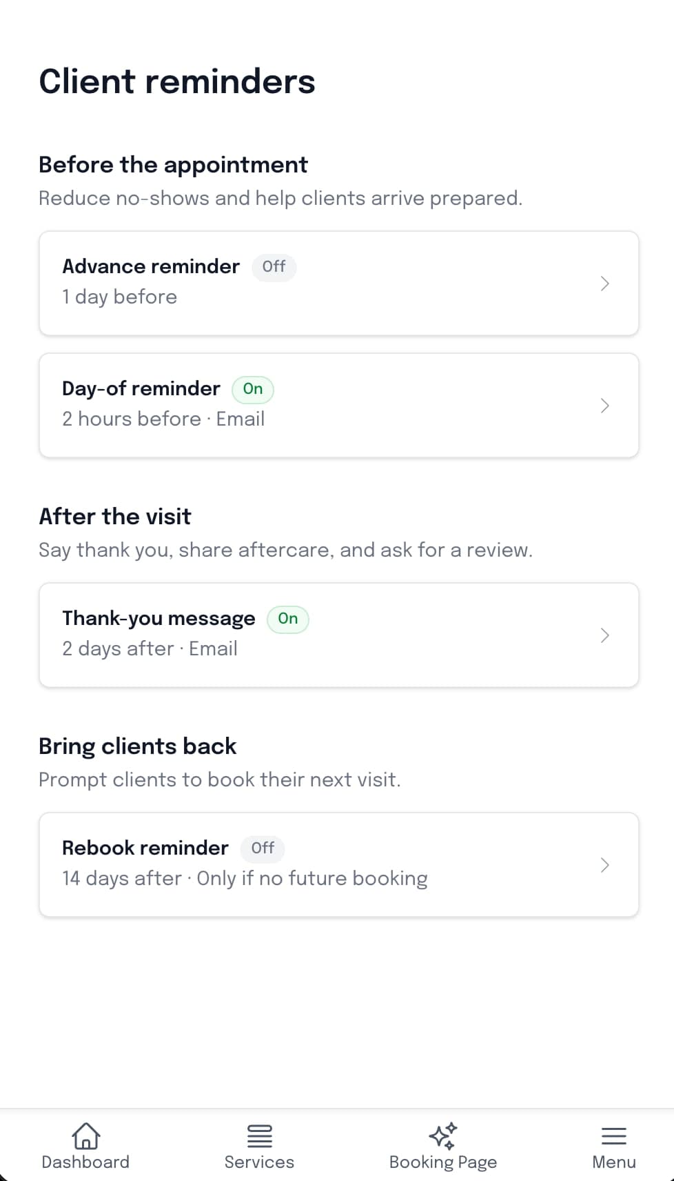 Client reminders in SuiteCal mobile view for lash appointments
