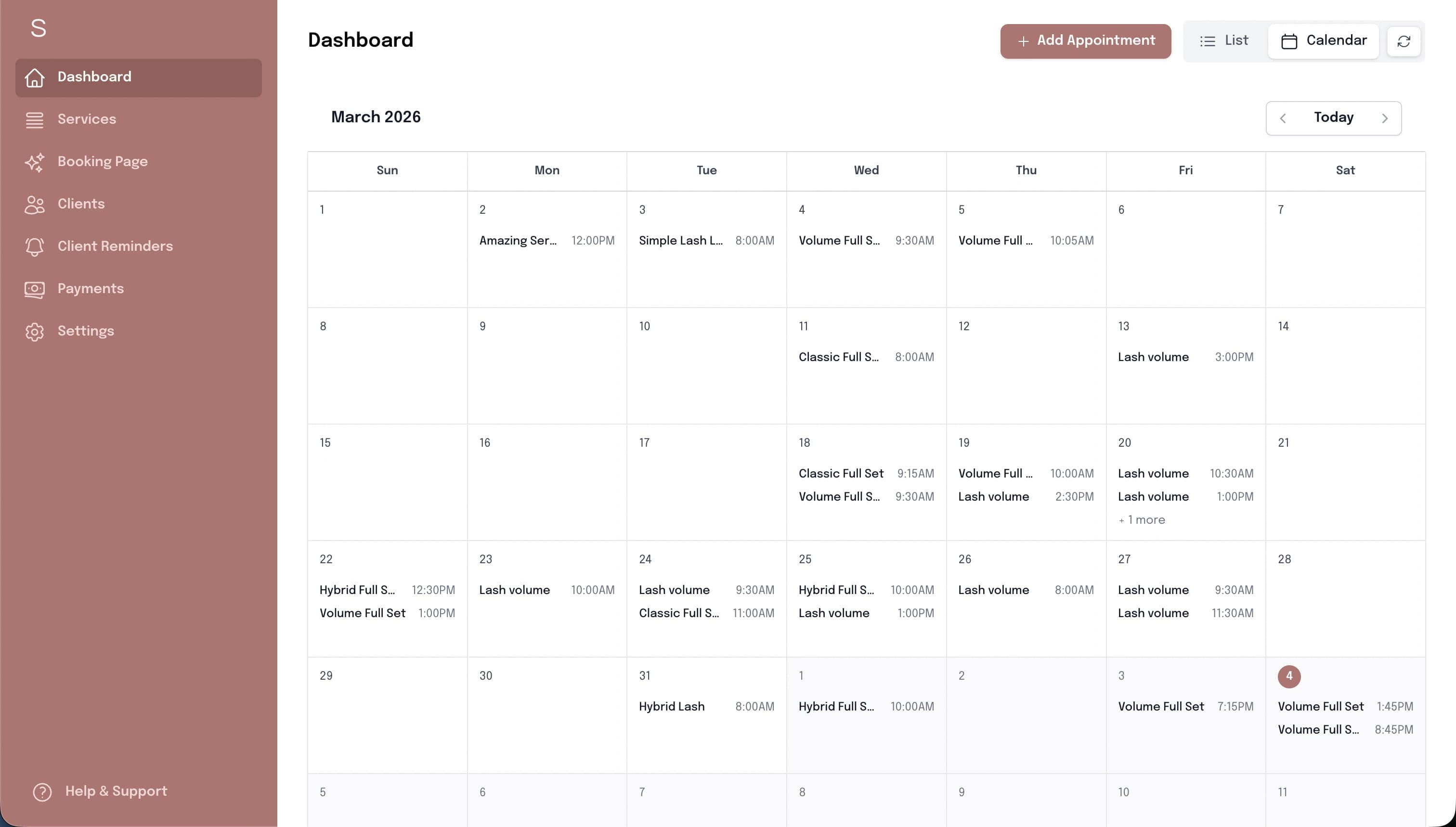 Online Booking view inside SuiteCal lash booking software