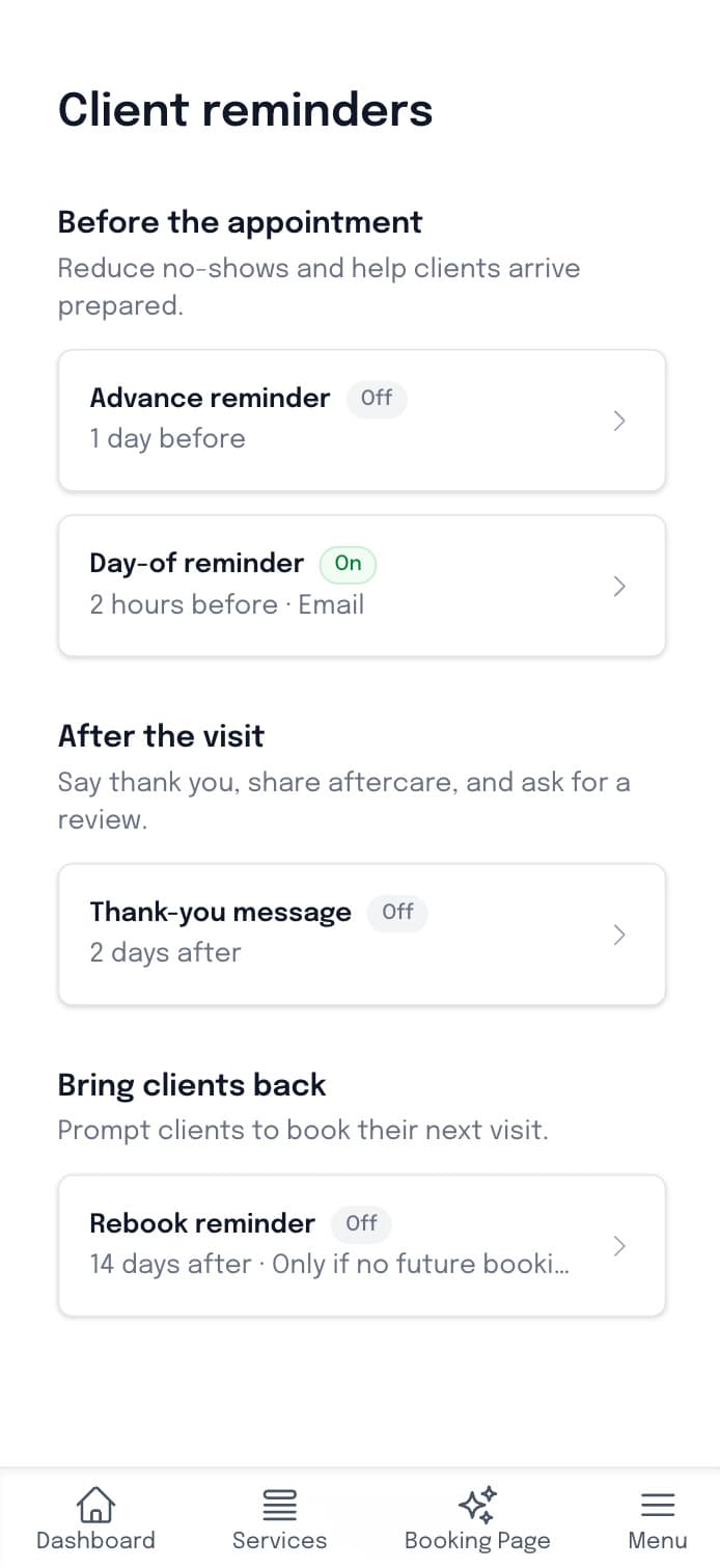 Automated appointment reminder settings in SuiteCal mobile app for lash artists