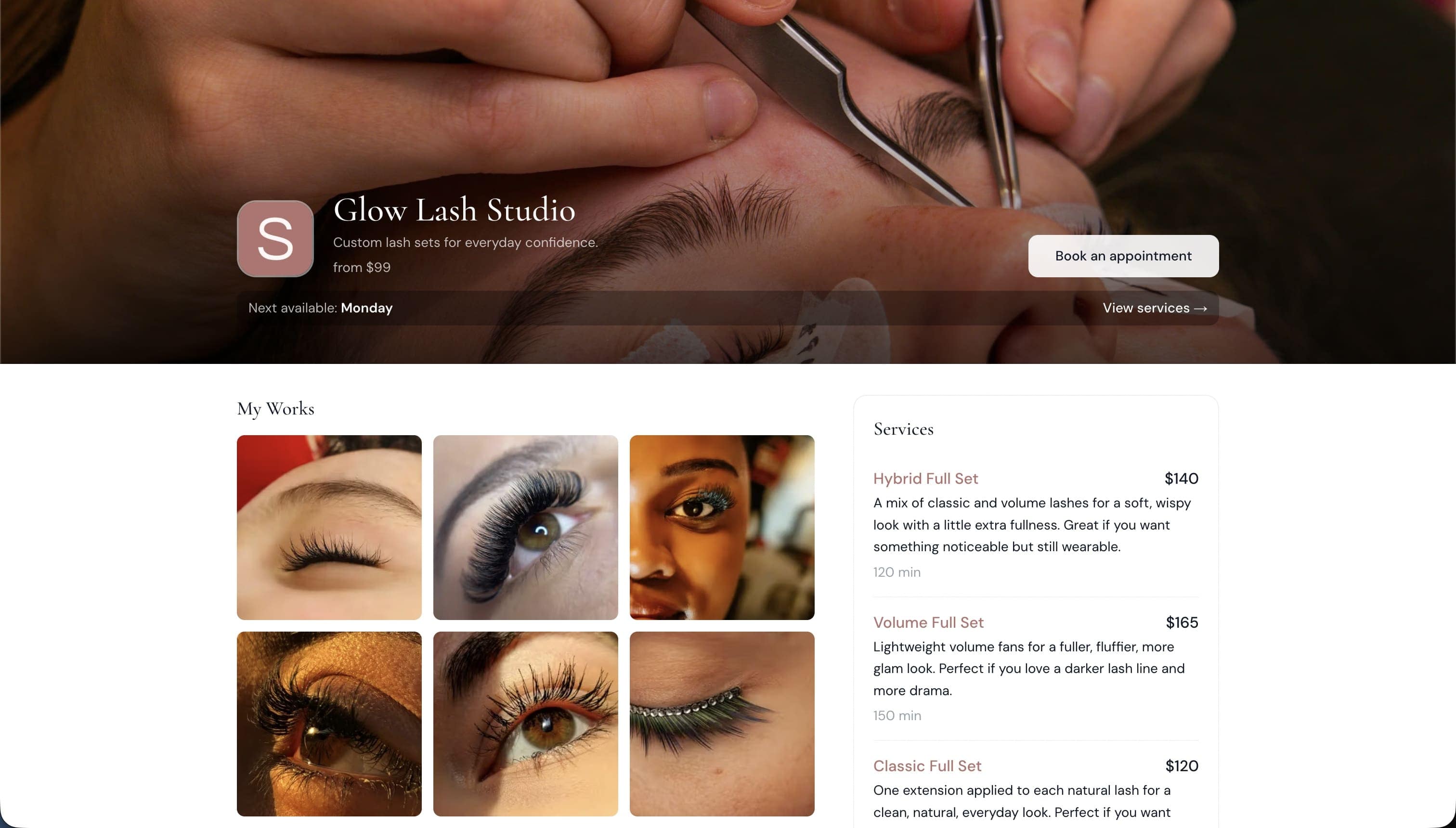 SuiteCal Booking Page for Lash Artists - Desktop View