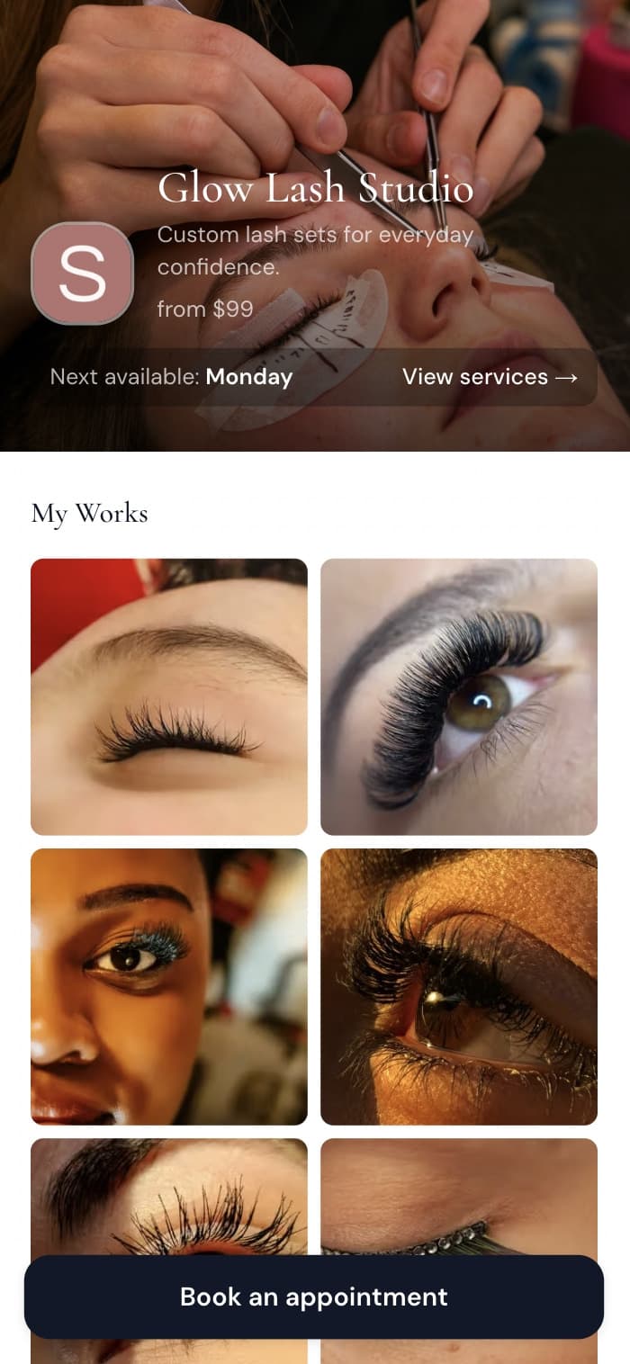 SuiteCal booking page for lash artists showing services, pricing, and online booking