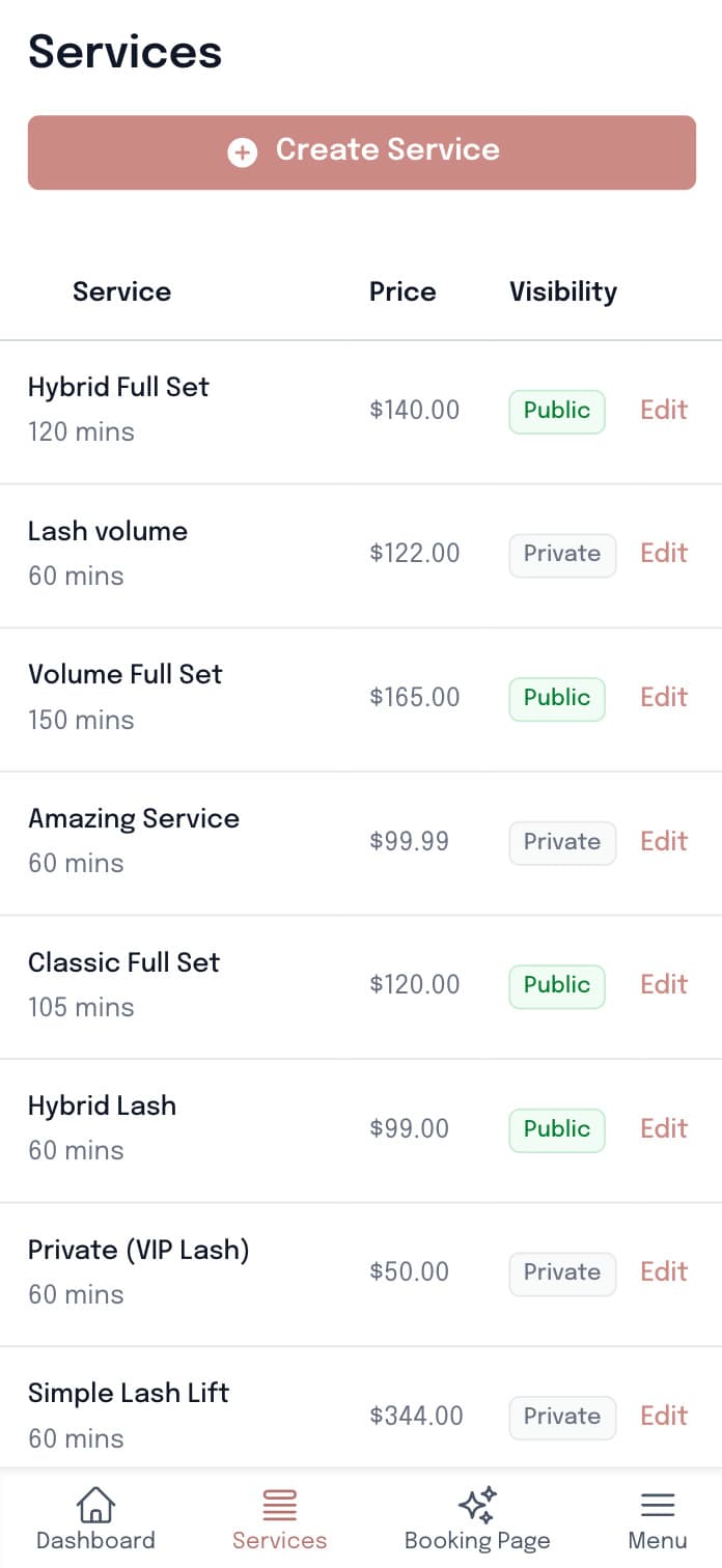 Lash service menu setup in SuiteCal mobile app showing service names and pricing