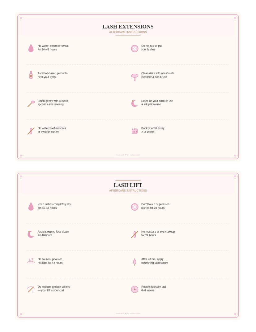 Rose Gold Blush Free Lash Aftercare Cards (Printable PDFs) preview, printable PDF
