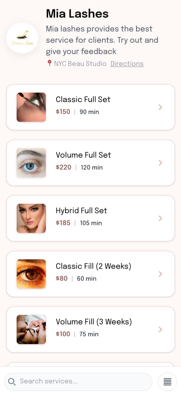 SuiteCal Booking Page for Lash Artists - Mobile View