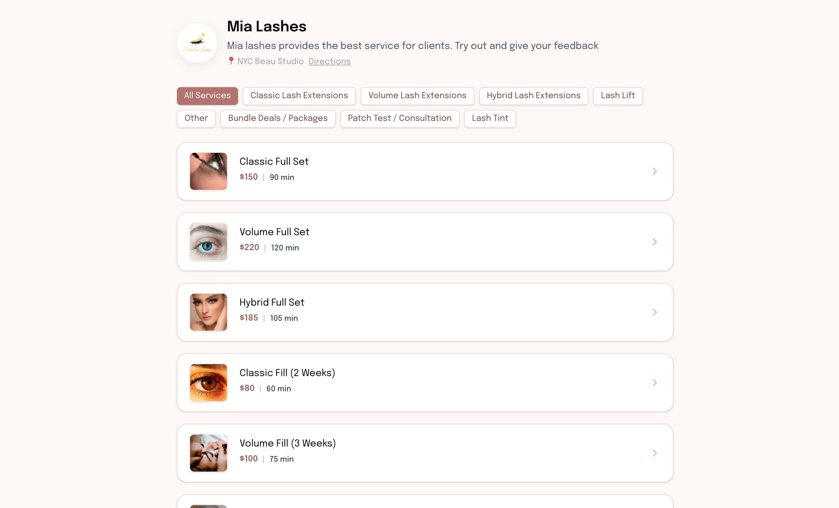 SuiteCal Booking Page for Lash Artists - Desktop View